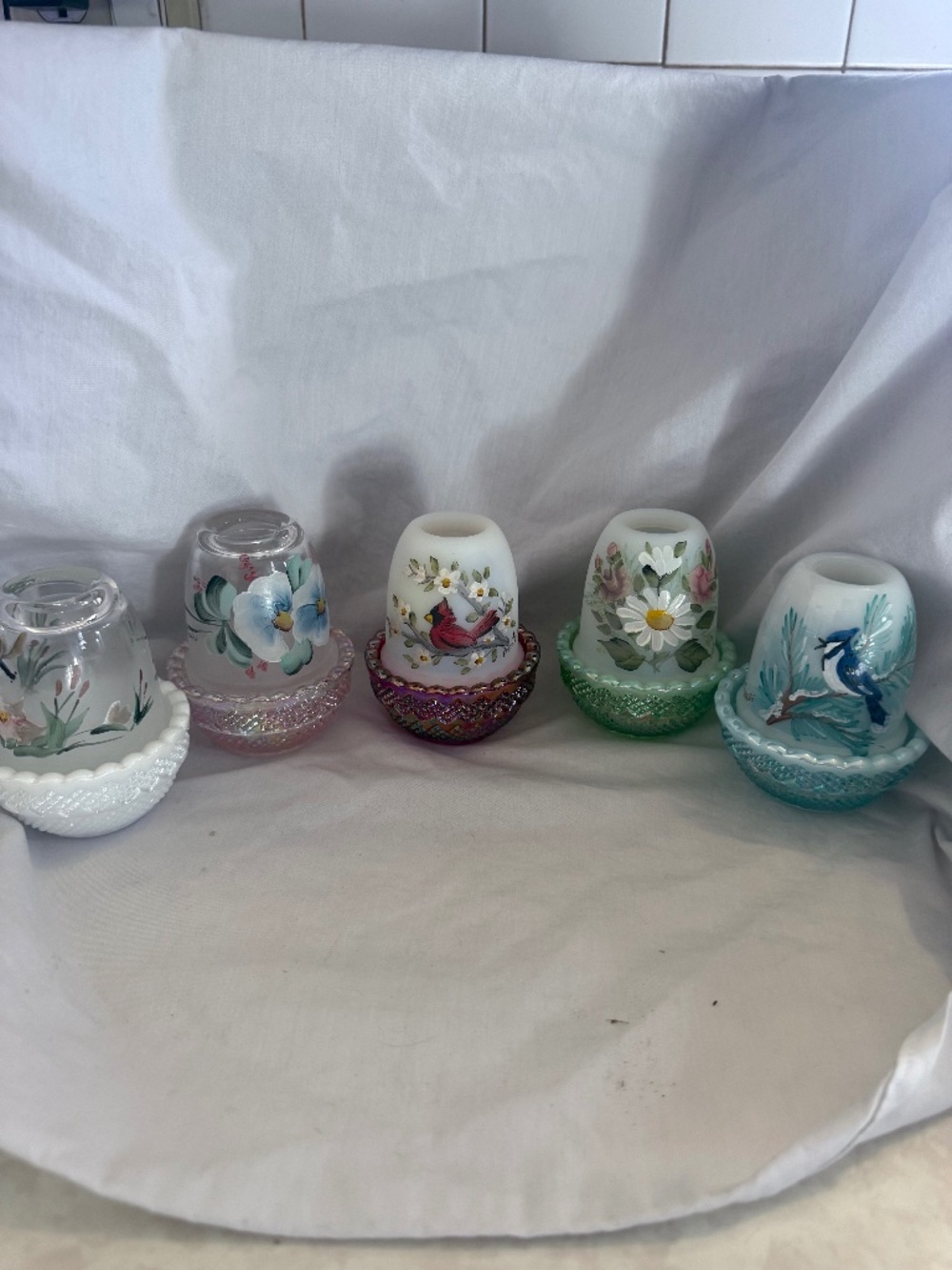 Vintage Hand-Painted Glass Fairy Lamp Set w/ Bases – Floral & Bird Designs
